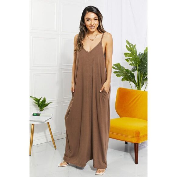 Zenana Full Size Beach Vibes Cami Maxi Dress In Mocha - Picture 1 of 9